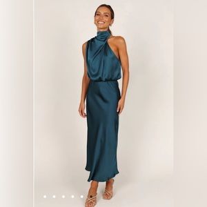 Petal & Pup- NWT SZ L TEAL ANABELLE HALTER NECK MIDI DRESS